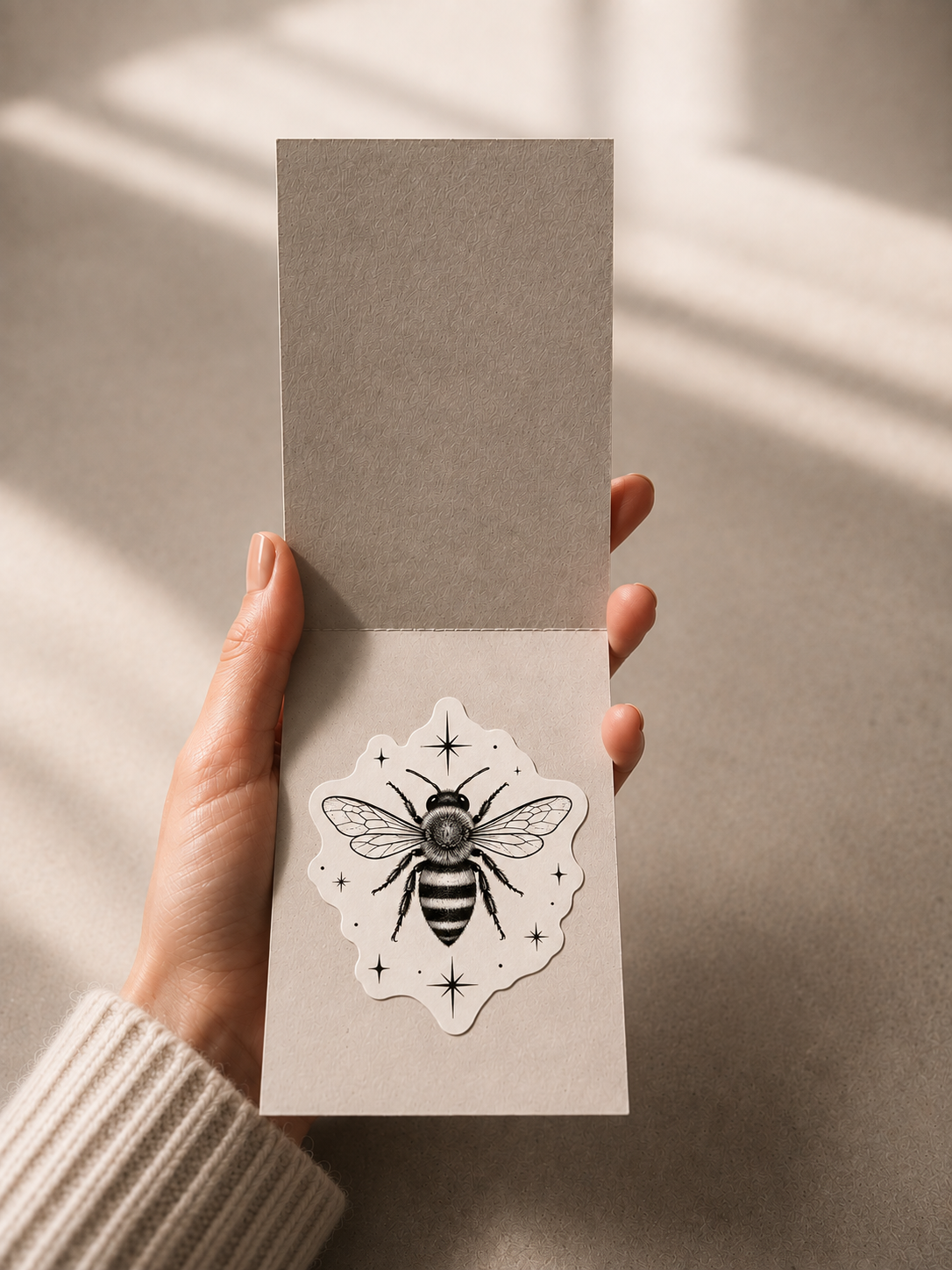Aufgeklappte Faltkarte mit Bienen-Sticker