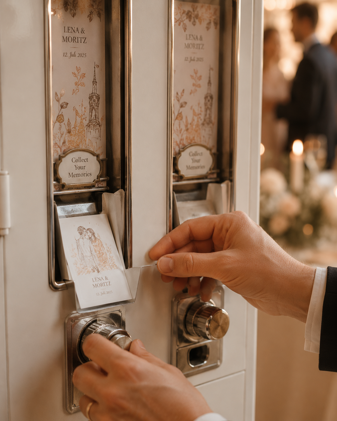 Brautpaar nutzt Stickerautomat als Gastgeschenk auf moderner Hochzeit