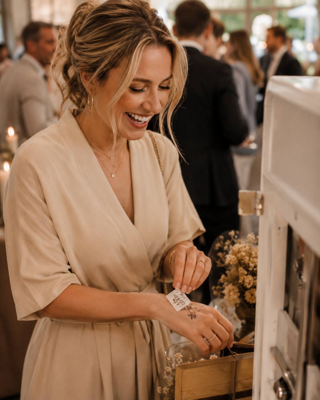 Brautjungfern lachen mit temporären Tattoos auf der Hochzeit