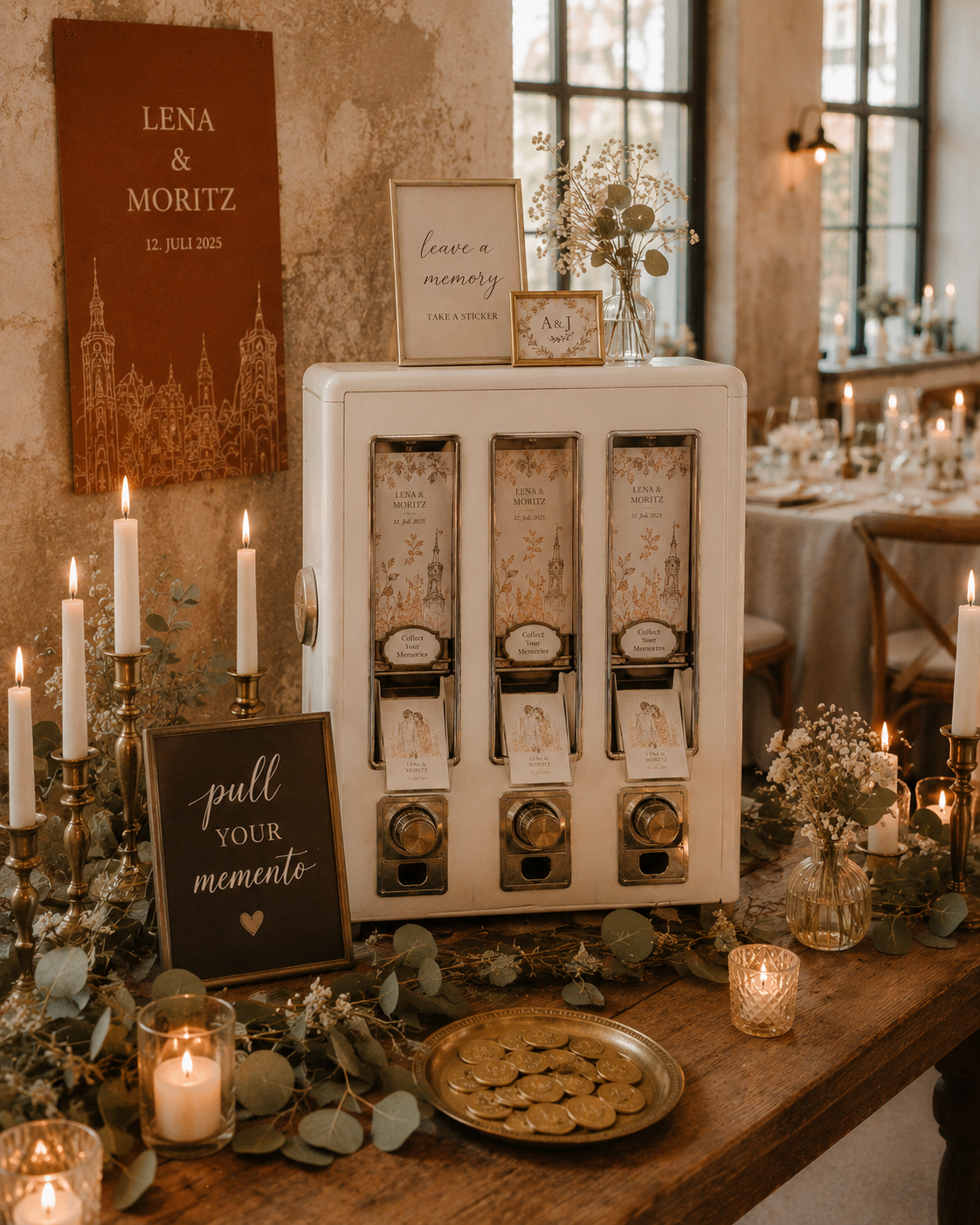 Stickerautomat-Setup neben Hochzeits-Dekoration mit Eucalyptus
