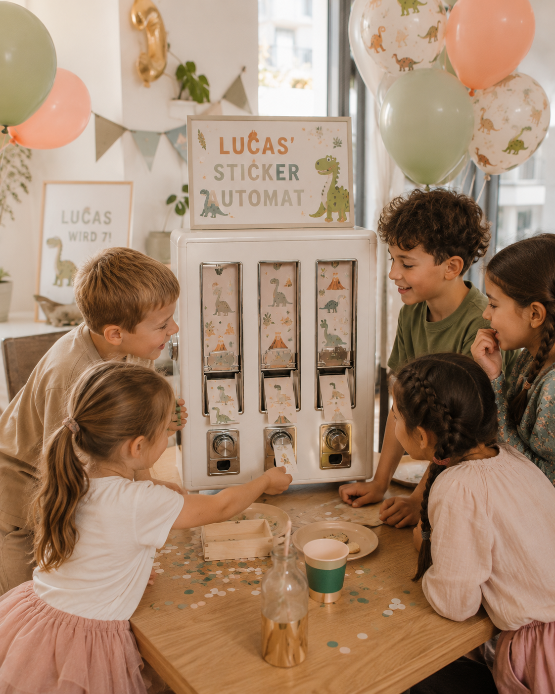 Kinder freuen sich am Stickerautomaten auf einem Kindergeburtstag