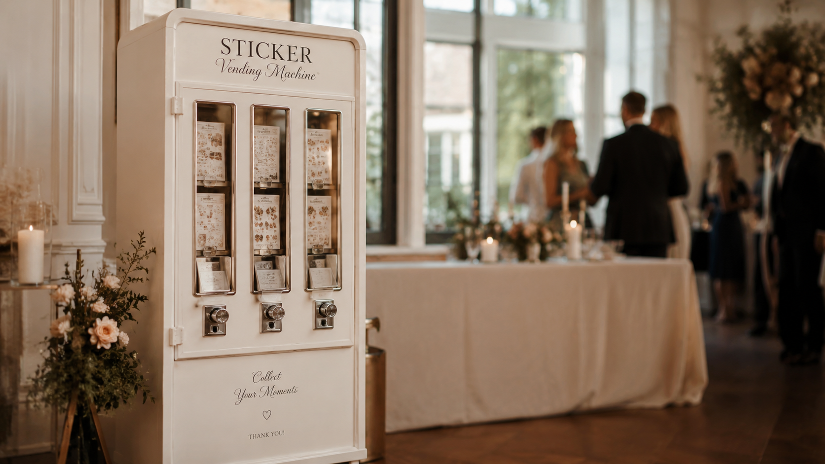 Vintage Stickerautomat bei einer Hochzeit in Hamburg, personalisierte Sticker und temporäre Tattoos für Gäste